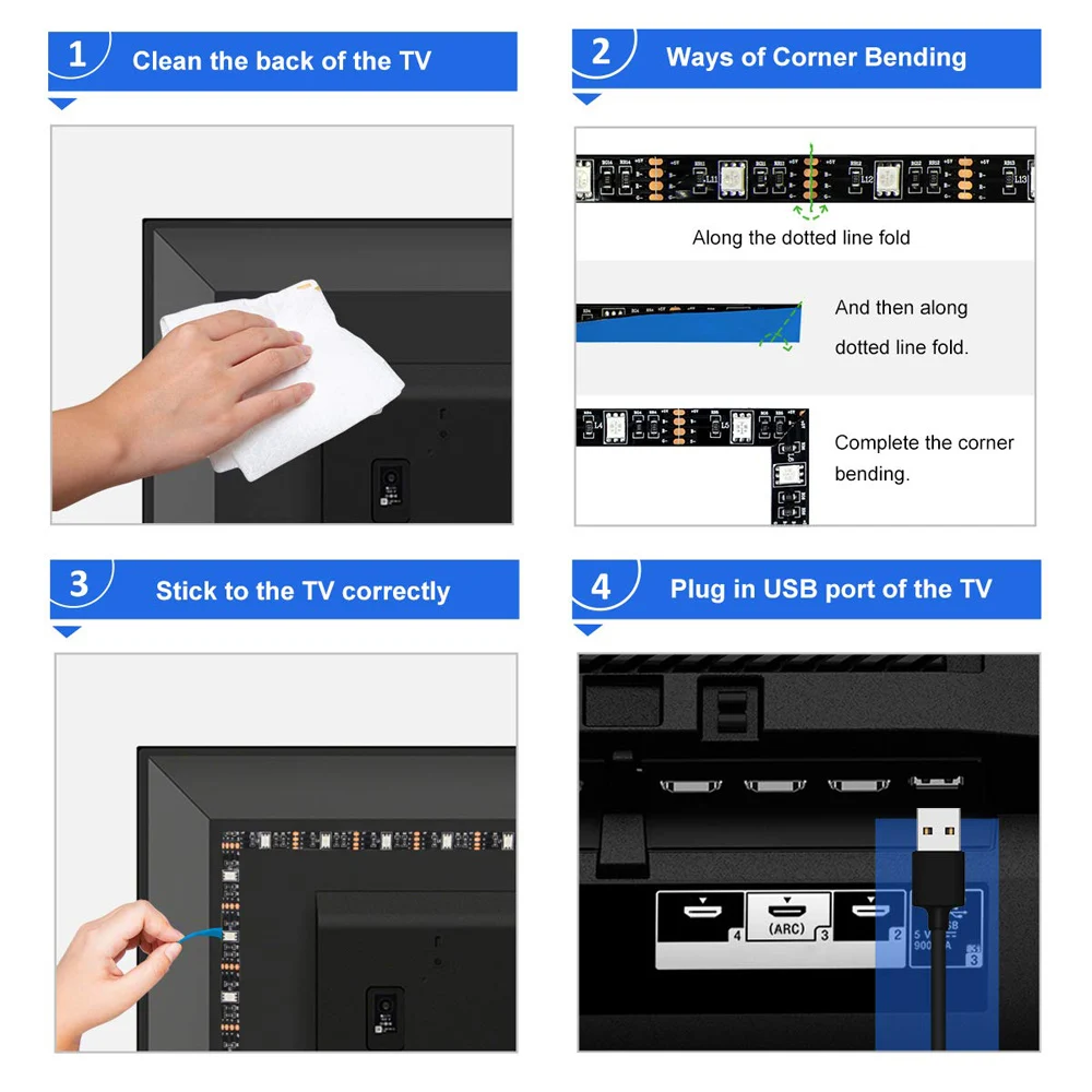 Универсальная светодиодная лента USB/от батареи с радиоуправлением SMD 5050 RGB многоцветная, с пультом дистанционного управления на 17 кнопок, водонепроницаемая, с возможностью регулировки яркости, 5В.