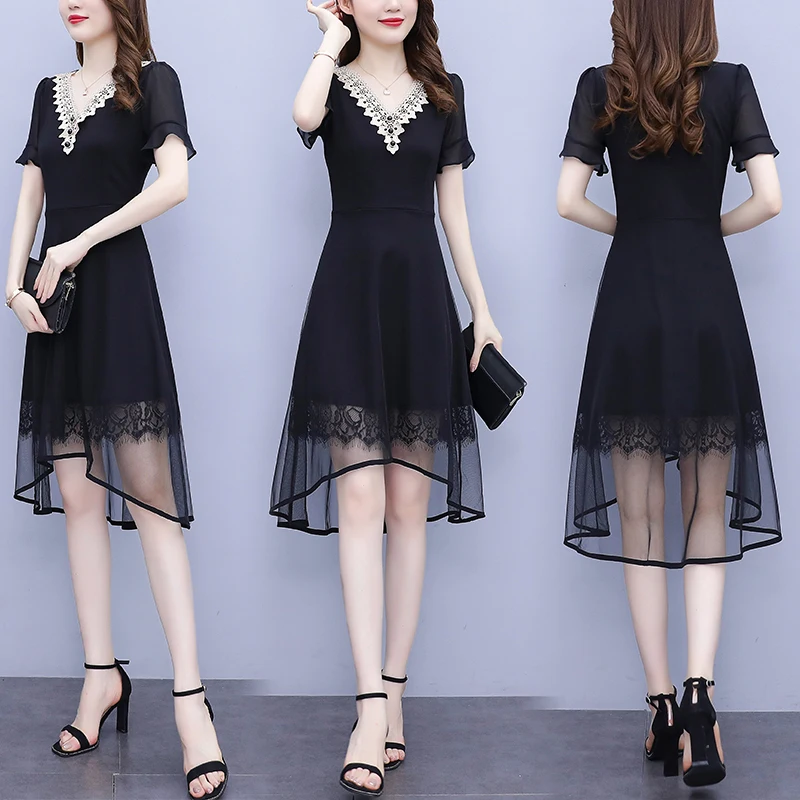 

COIGARSAM 5XL Plus Size Patchwork Women one-piece dress korean Summer Flare Sleeve Dovetail Mesh Dresses 6246