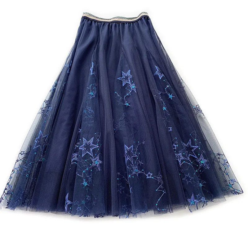 

Chic Embroidery Midi Tulle Skirt Women Star-embroidered Spring Summer Skirts Elastic High Waist Mesh Tutu Skirt Jupe Femme Black