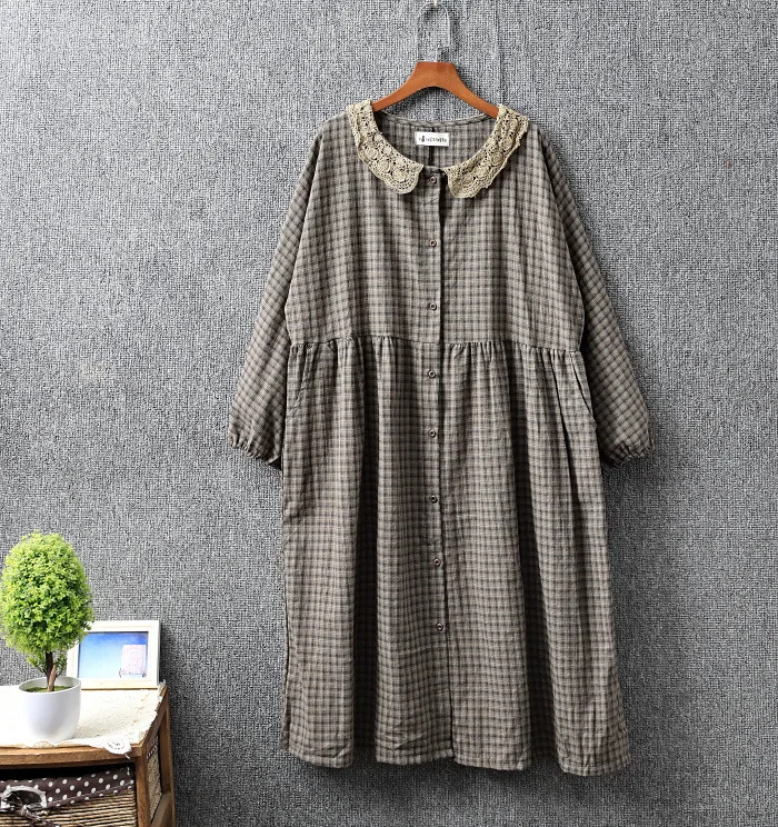 Женское однобортное платье в японском стиле Mori Girl клетку с кружевным воротником