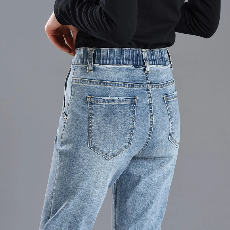 

Elastic High Waist Loose Straight 9/10 Length Denim Capri Pants Cropped Jeans for Women