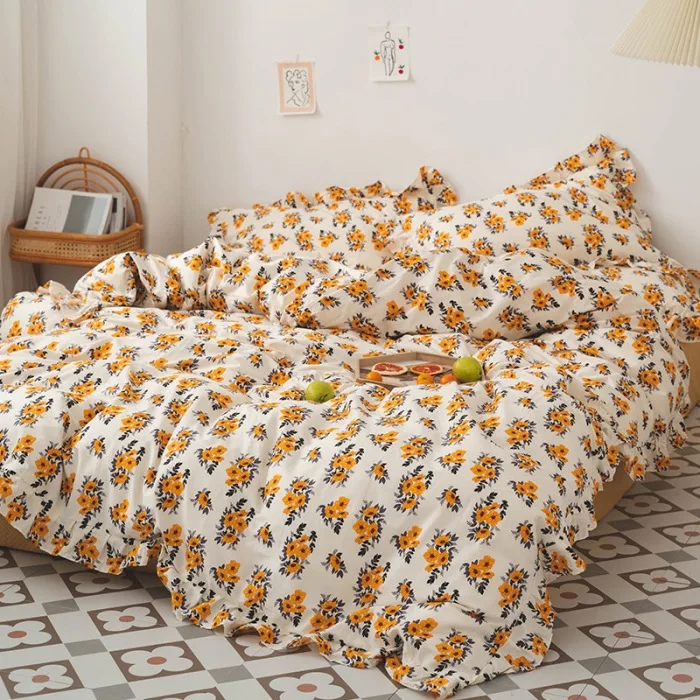 

Fresh Floral Cotton Four-Piece Set Quilt Cover Sheets Three/Four-Piece Set Student Bed 1.5/1.8 Bed Set queen comforter sets