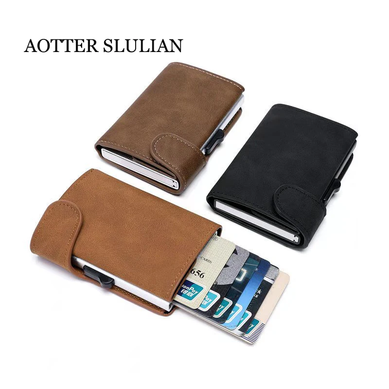 

Rfid Smart Wallet ID Credit Card Holder Leather Ultra-thin Business Men Cardbag Automatic Pop-up Anti Theft Brush Metal Card Box