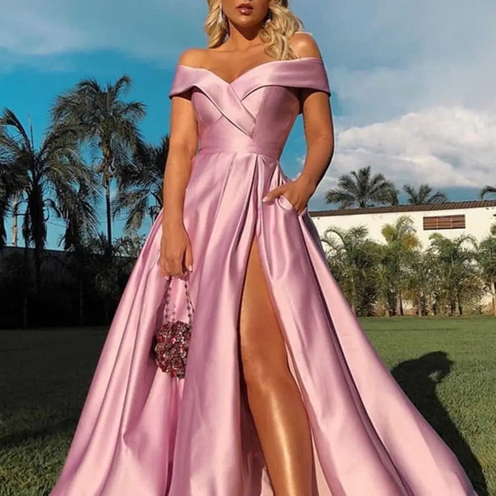 

Розовое Атласное длинное платье для выпускного вечера с V-образным вырезом, 2021, с открытыми плечами, с разрезом спереди и карманом, в пол, жен...