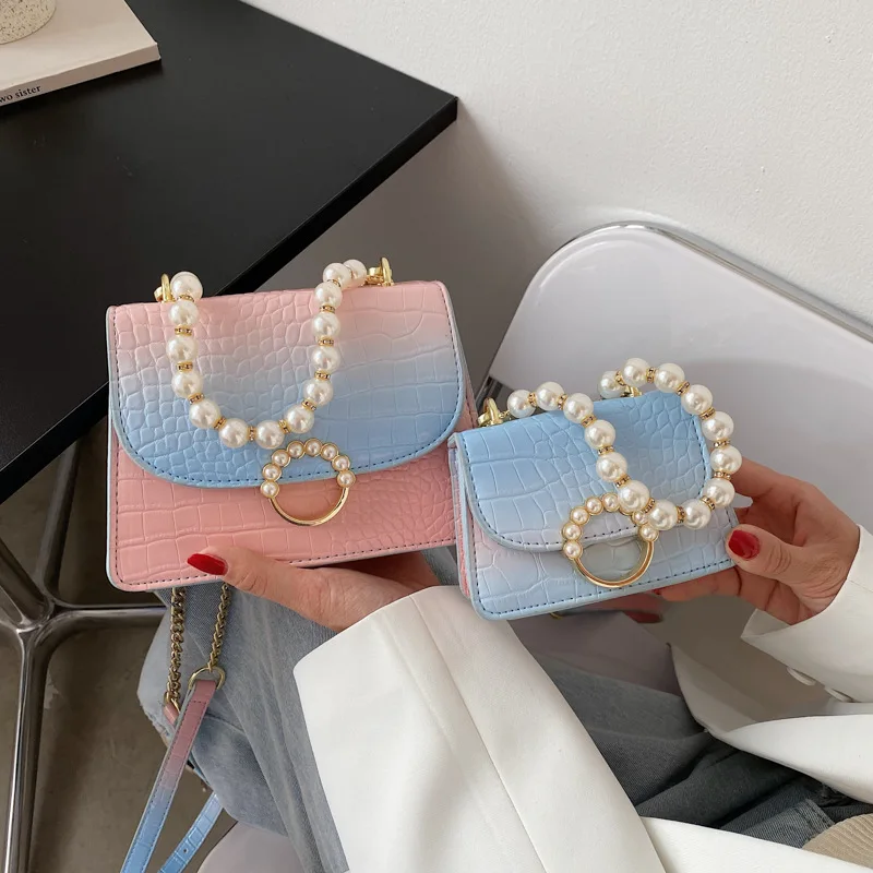 

High Quality Ladies Stone Pattern Pearl Handbag 2021 Summer New Female Bag Small Fresh Gradient Color One-shoulder Chain Bag
