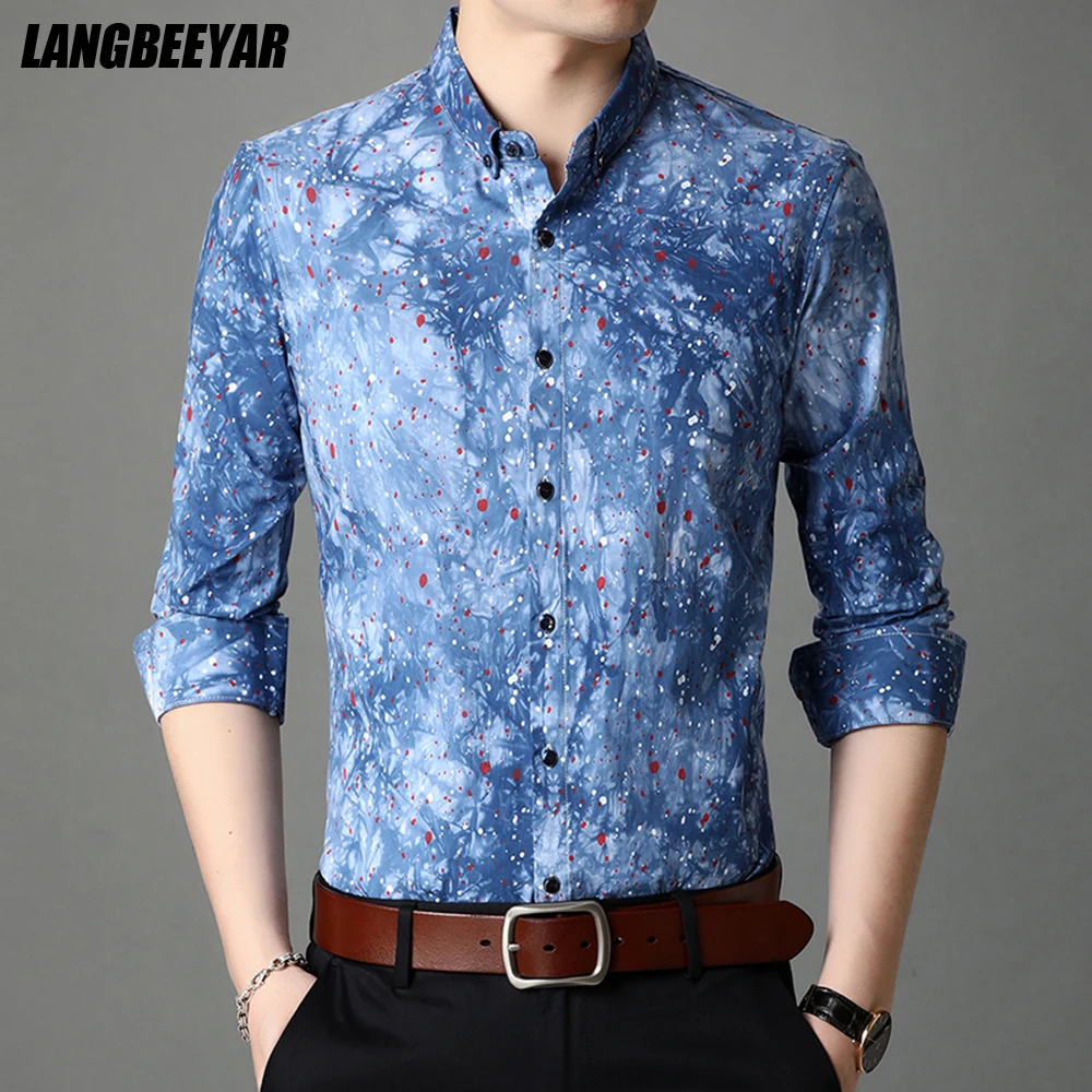 

New Fashion 100% Cotton Brand Slim Fit Floral Long Sleeve High Quality Designer Flower Shirt Men Casual Korean Dress Clothes