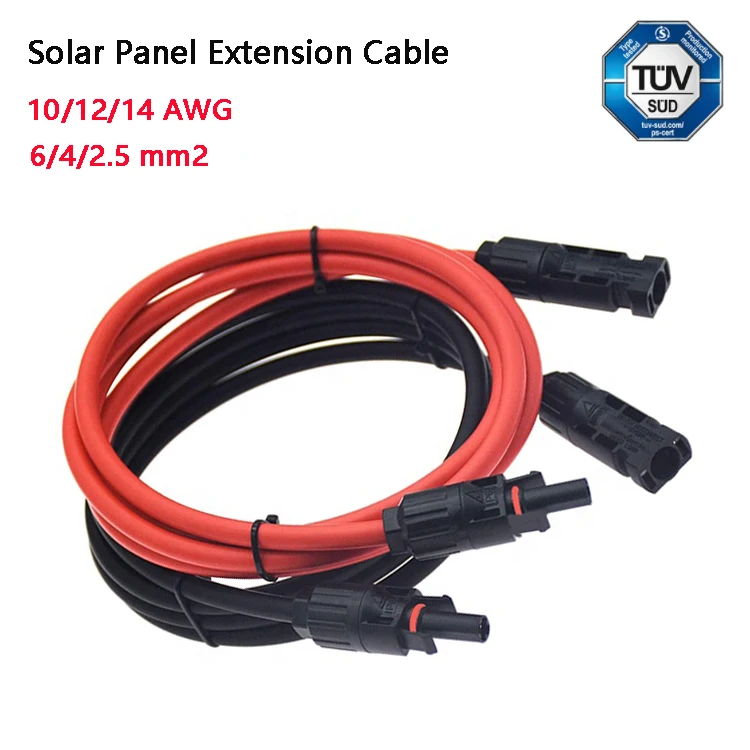 

1 Pair Solar PV Extension Cable 6/4/2.5 mm2 10/12/14 AWG Tinned-Copper Conductor Wire Black and Red with Solar Panel Connectors