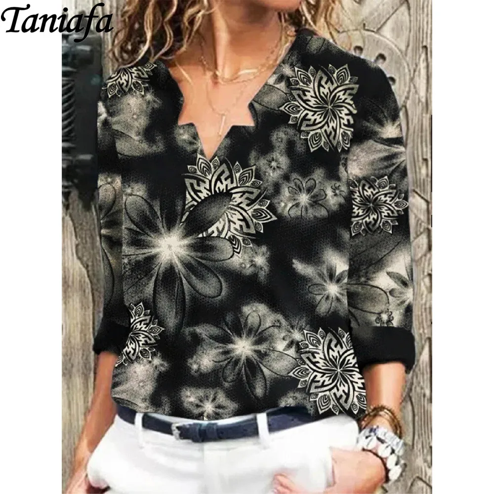 

Новые модные женские повседневные топы с длинным рукавом и v-образным вырезом, блузки с принтом, рубашки на осень и зиму, свободные пуловеры, ...