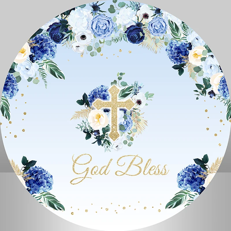 

Blue Flower Baby Shower God Bless Photo Background Kids First Holy Communion Baptism Circle Round Backdrop Cover Table banner