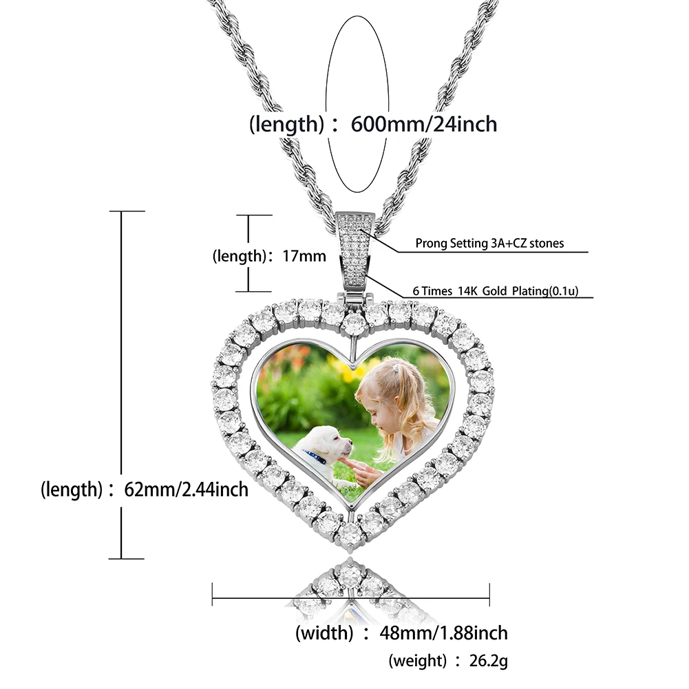 

Gucy Custom Made Photo Rotating Double-Sided Heart Pendant Necklace 4mm Tennis Chain Zircon Men's Hop Jewelry