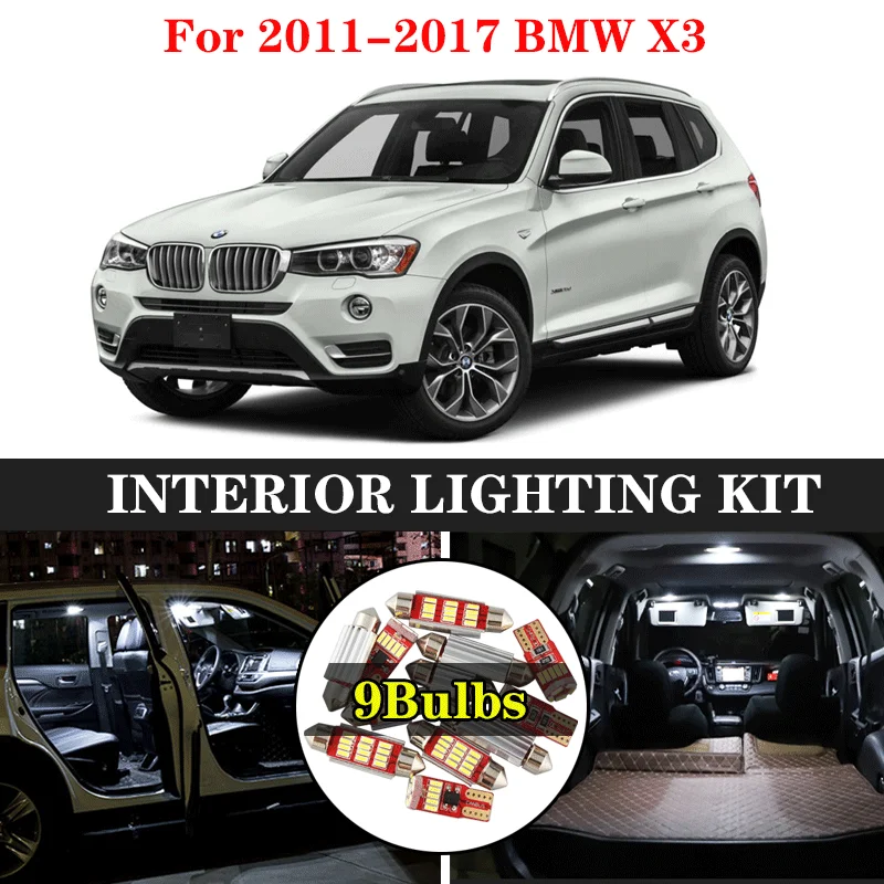 

9Pcs/set For 2011-2017 BMW X3 Car LED Interior Light Kit Dome Map Lamp Bulb License Plate Lights Trunk Lamp LED Bulbs