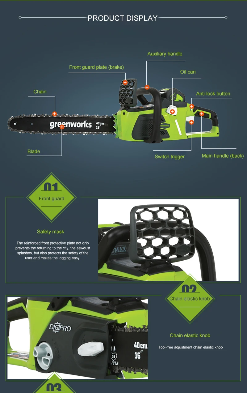 Greenworks 40v Беспроводная цепная пила бесщеточный мотор 20312 бензопила, не включая аккумулятор и зарядное устройство