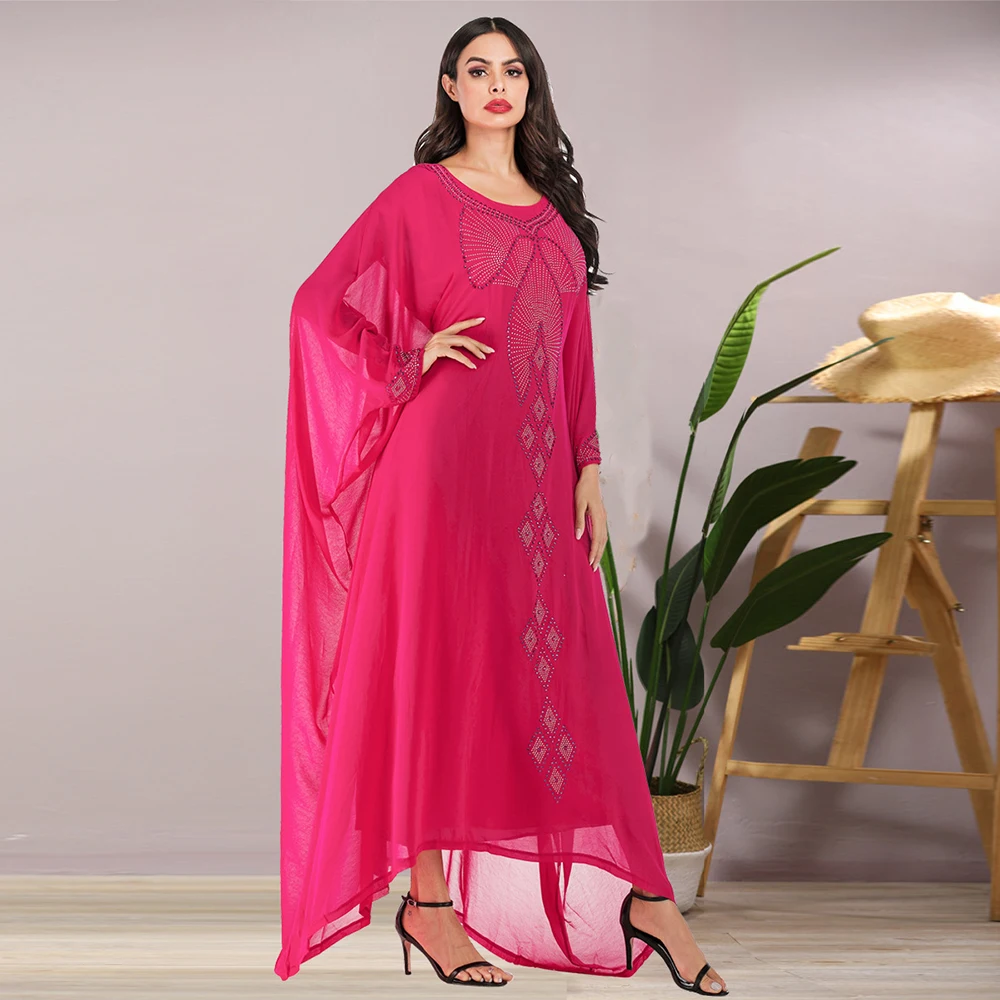 

Moroccan Kaftan Vintage Ethnic Abaya Dresses Full Sleeve Diamond Gown Dress Turkey Arabic Islamic Women Modest Clothing Chiffon