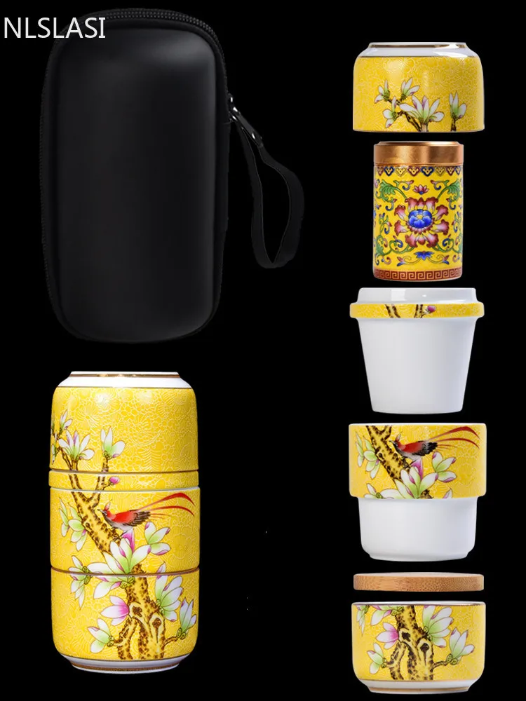 

1set Exquisite Enamel Ceramic Tea Set Flowers and Birds Teacups Travel Portable Porcelain Teaware Chinese Hone Office Drinkware