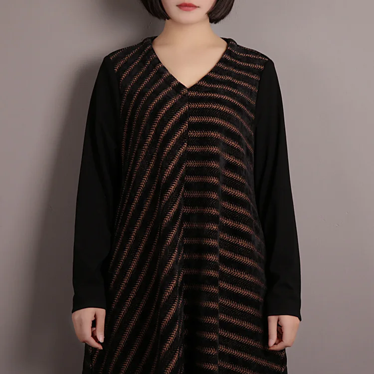 

IEQJ 2021 new spring and summer V-neck full sleeves striped pullover loose linen and cotton big size dress vestido WP72901