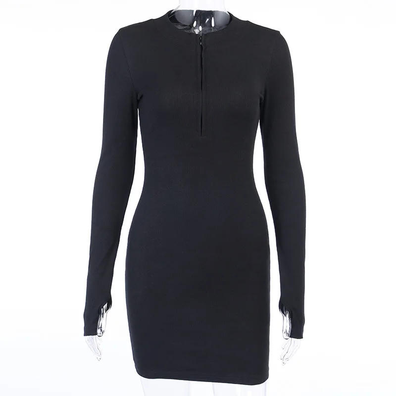 

Sytiz Sexy Zipper V-Neck Bodycon Dresses 2020 Women Elegant Long Sleeve Black Skinny Elastic Autumn Casual Solid Party Dress