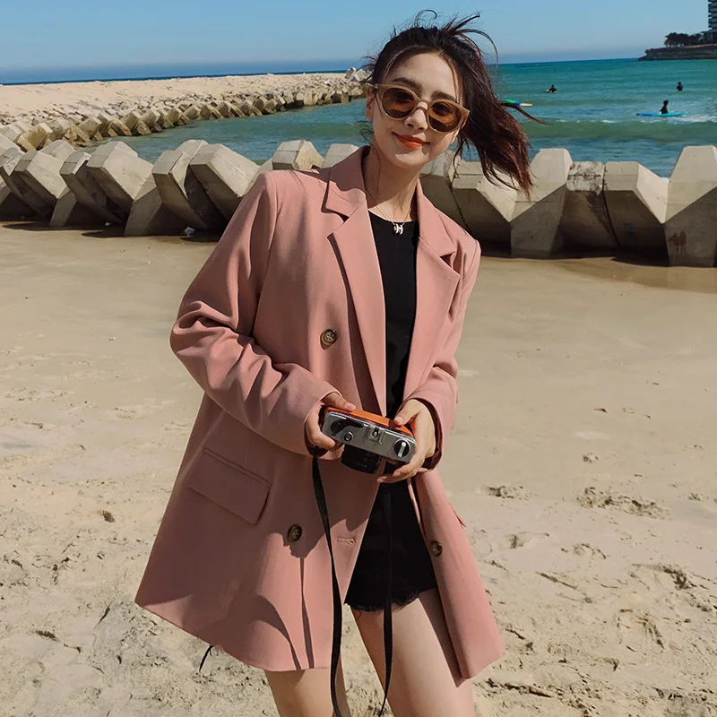 

Женский двубортный Блейзер, элегантный свободный розовый пиджак в Корейском стиле с длинным рукавом, повседневная куртка, весна-осень 2105