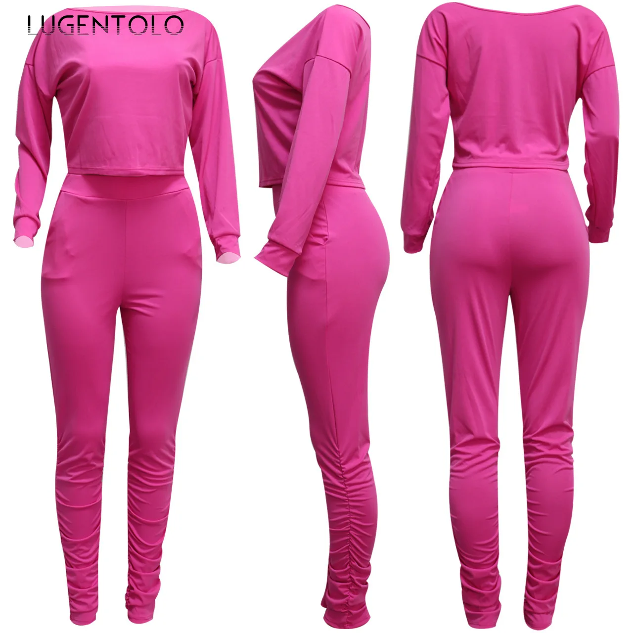 

Lugentolo Women Two Piece Set Solid Casual Colors Long Sleeve Short Tops Simple Long Pencil Pants Sprorts Female Simple Sets