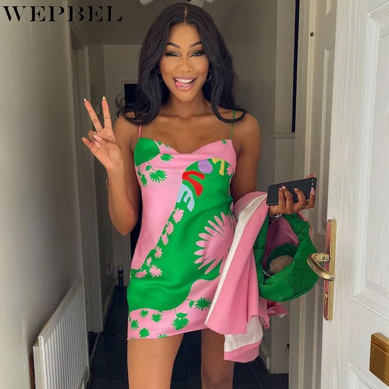 

Женское пикантное мини-платье WEPBEL с принтом, женское элегантное облегающее платье с V-образным вырезом и лямкой на шее без рукавов для отпус...
