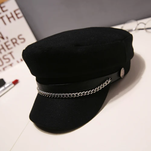 Осенне-зимние шерстяные шапки в стиле милитари с цепочкой для женщин женская