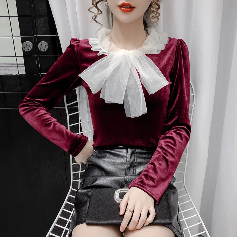 Весна 2021 элегантные женские топы с оборками Женская сетчатая Вельветовая блузка