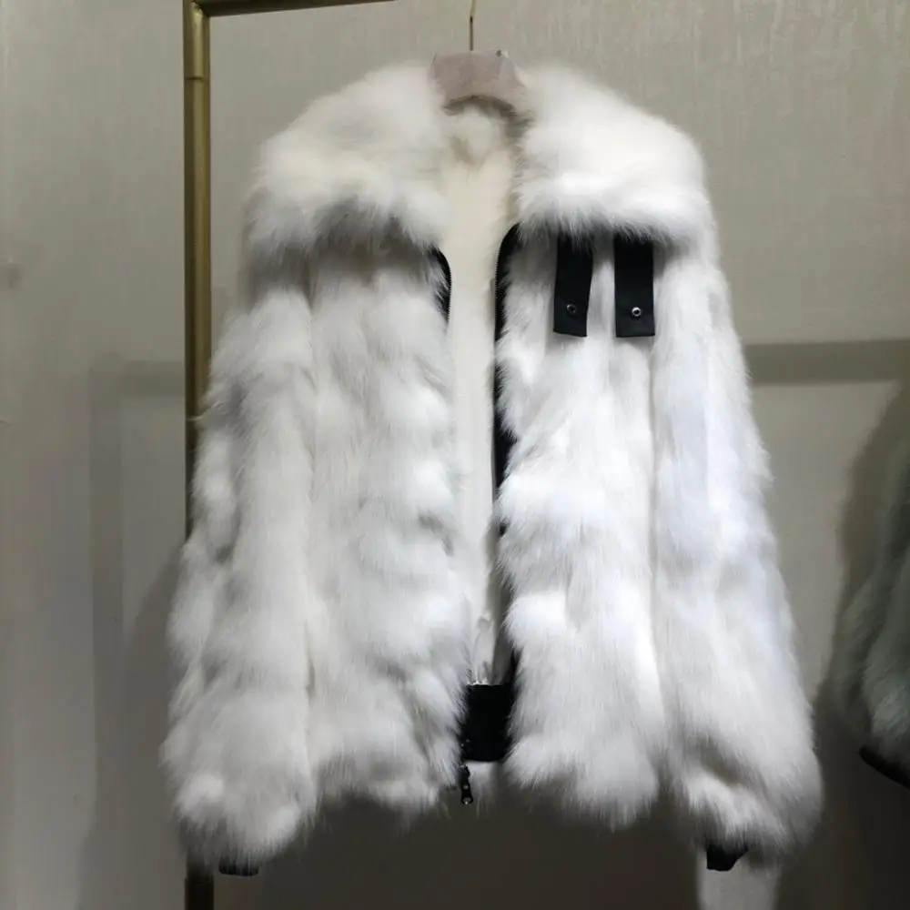 Белый Осенне-зимняя женская шуба из натурального Лисьего меха, модная женская куртка с отворотом из натурального меха, толстая верхняя одежда - Цвет: Белый