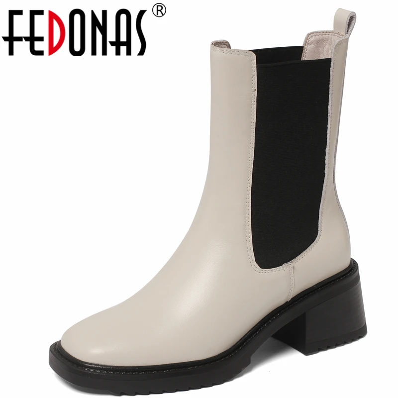 

FEDONAS Basic Women Mid-Calf Boots Fashion Concise Working Casual Autumn Winter Genuine Leather Thick Heels Popular Shoes Woman