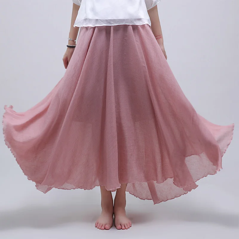 

Long Skirts Womens Summer New Style National Beach Elastic Waist Big Circle Flada Saias Princess Linen Cotton Skirt Maxi Skirt
