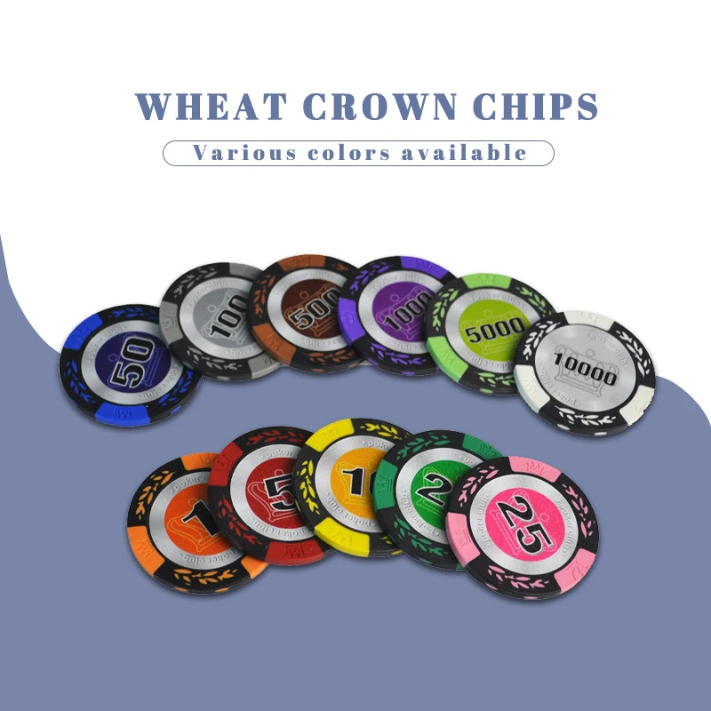 

Clay Poker Chips Set with Trim Sticker Casino 14g Crown Wheat Club Texas Hold'em Metal Coins Gambling 5pcs/Lot