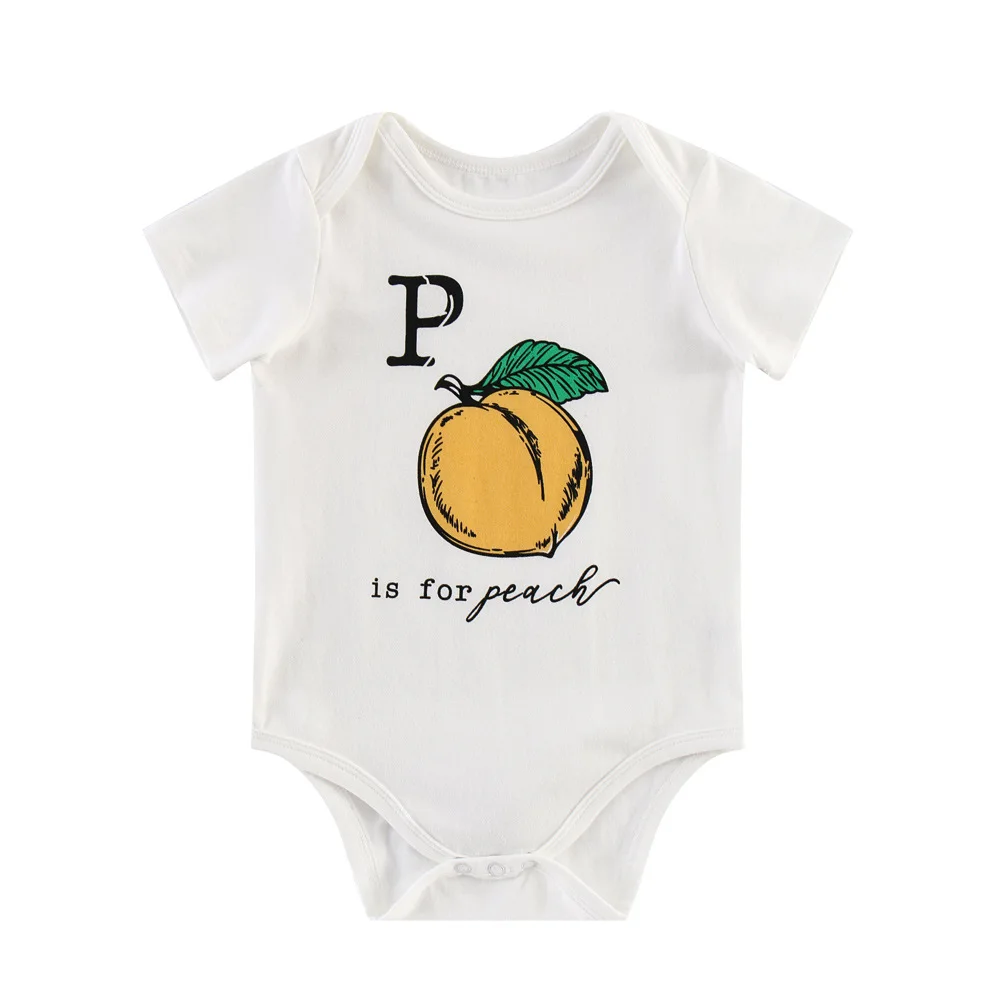 

Infant Baby Unisex Boy Girl Summer Cotton Romper Print Letter Lemon Peach Short Sleeve Jumpsuit Romper Casual Outfit Clothes