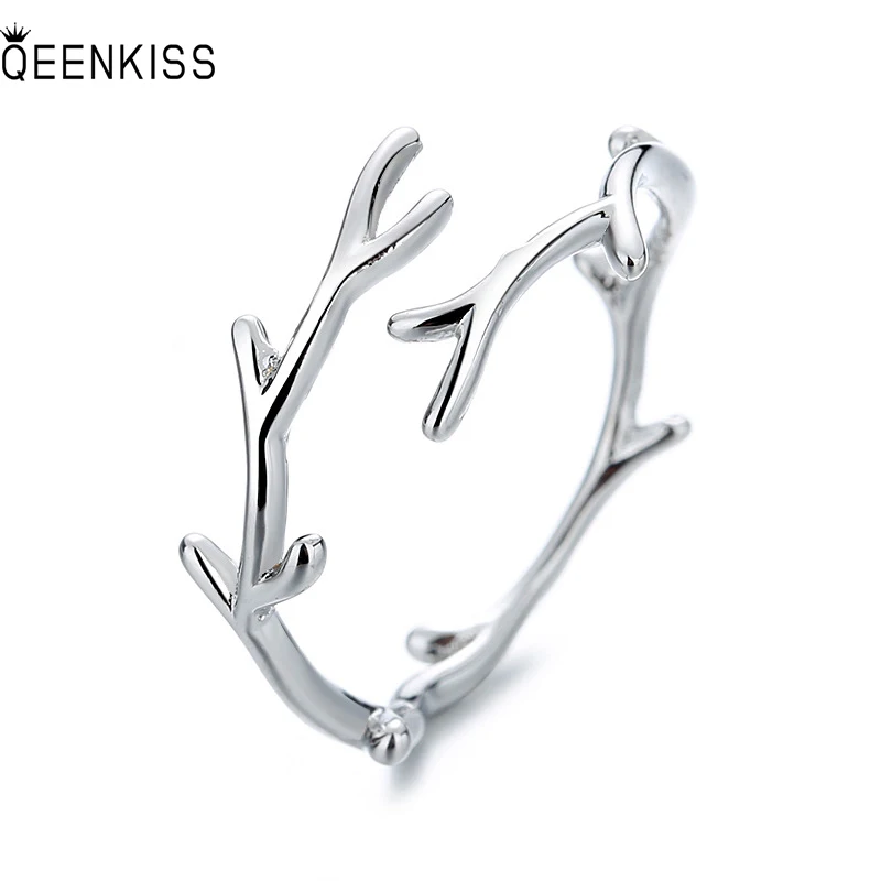 

QEENKISS RG681 2022Fine Jewelry Wholesale Fashion Woman Girl Birthday Wedding Simplicity Branches 18KT White Gold Opening Ring