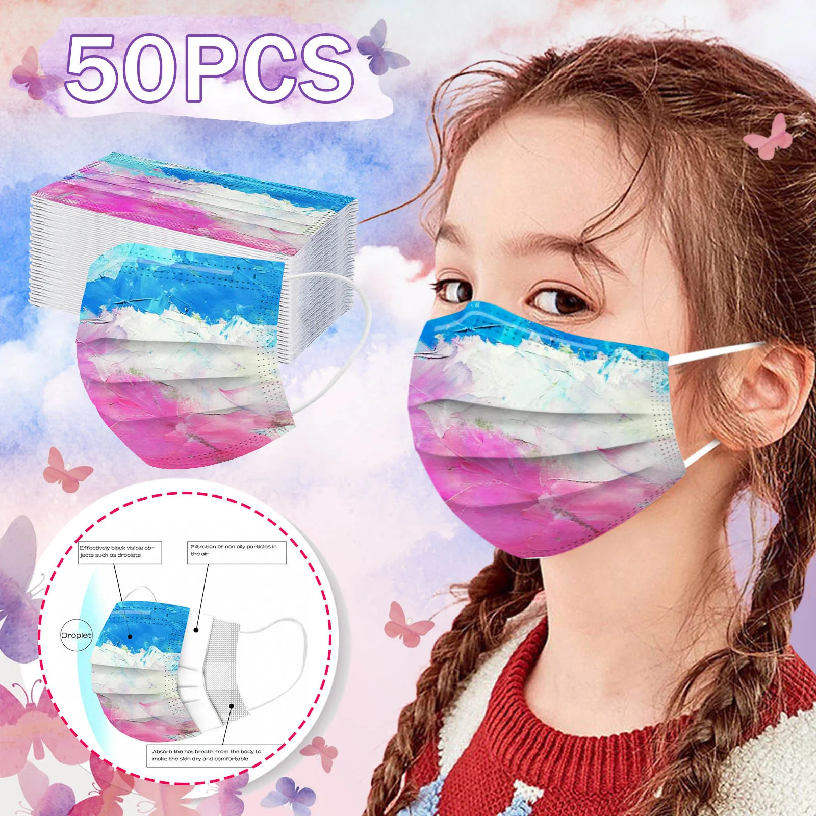 

50 шт., Детские маски из нетканого материала с градиентным принтом