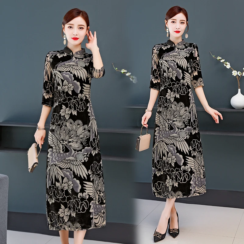 

CHUNLI Large size 2019 Cheongsam female long temperament autumn young models improved elegant slim Chinese style dress