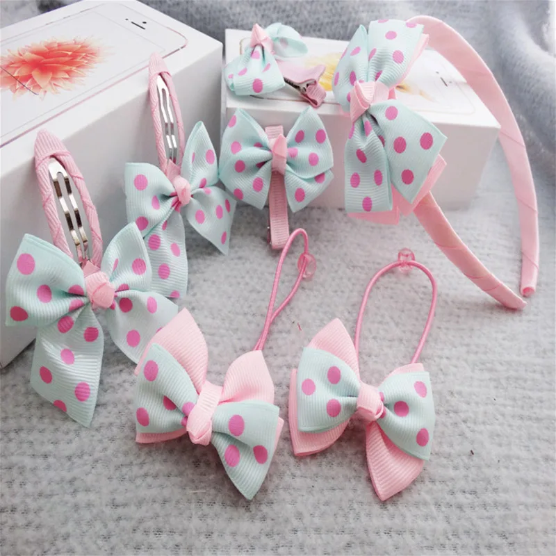 H:HYDE 7Pcs/Set Pink Red Bowknot Children Hair Clip Hair Hoop Hair Gum Combination Girl Hairpins Fashion Hair Accessories