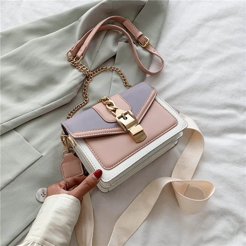 

Fashion Chain Lady Sling Bag Panelled Color PU Leather Crossbody Bag For Women 2022 New Wide Strap Shoulder Messenger Bag Ladies