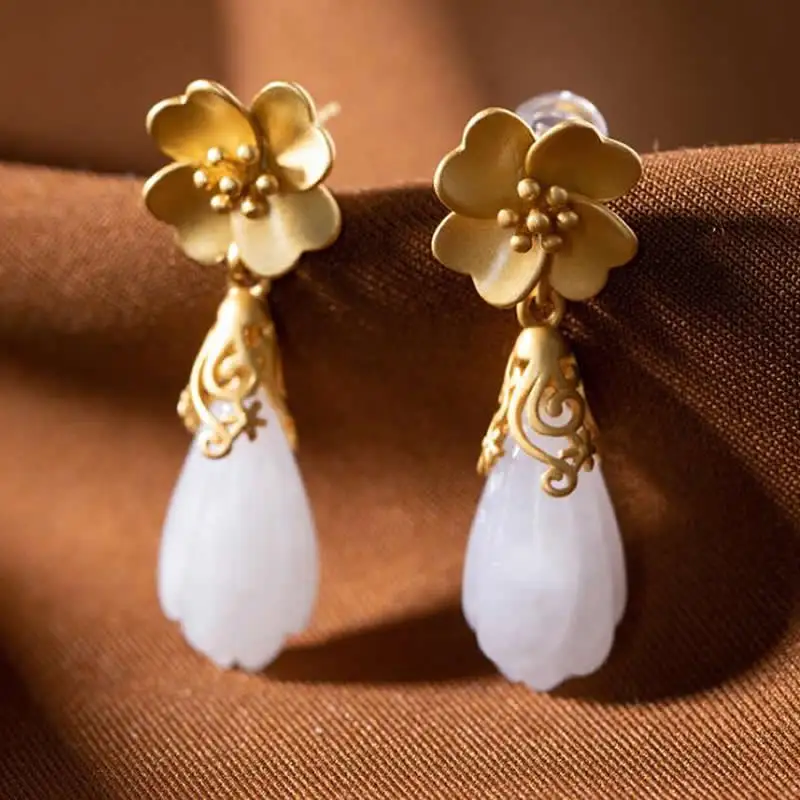 Pure S925 Silver Earrings Women White Jadeite Flower Dangle Earrings