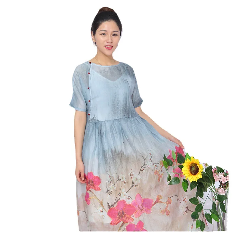 

X-2020610 female spring summer round neck ramie landscape positioning flower short sleeve single breasted dress