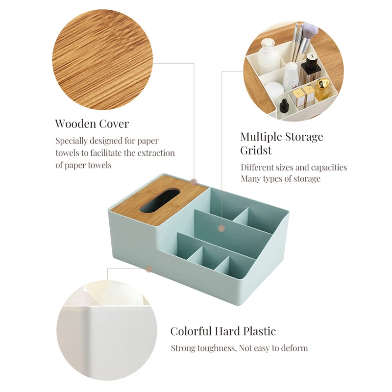 home desktop organizer multi compartments wood cover storage box for tissue cosmetics makeup phone holder stand organizer basket free global shipping