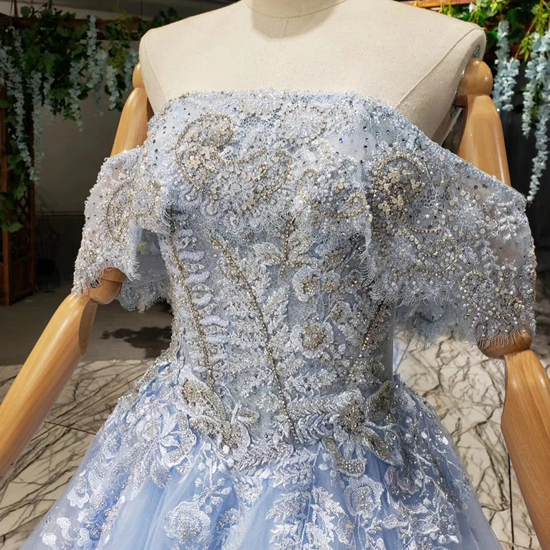 BGW HT41429 Light Blue Long Wedding Dress Lebanon Bead Off Shoulder Sexy Backless Cheap Formal Dress Karakou Algeria Barato