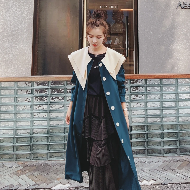 

2020 Autumn Long Trench Coat French Fashion Navy Collar High Quality Windbreaker Jacket Single Breasted Bandage Women's Jackets