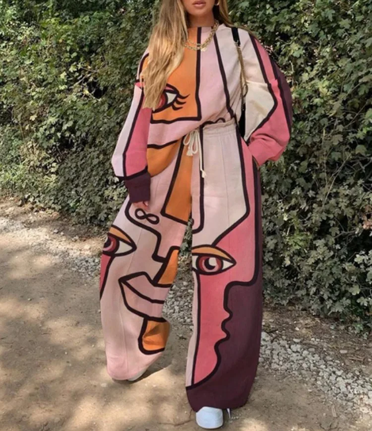 

2020 New Women Casual Round Neck Loose Print Basic Women Sweatshirt Pants Suit 2 Piece Sets Womens Outfits