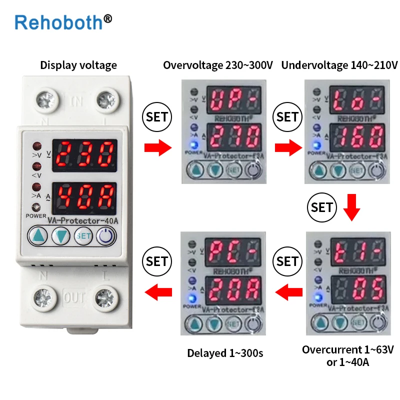 Protetor de Tensão Proteger o Dispositivo com Corrente 220v sob sobre o Relé Ajustável Dupla Display Led Trilho Din Limite 40a 63a
