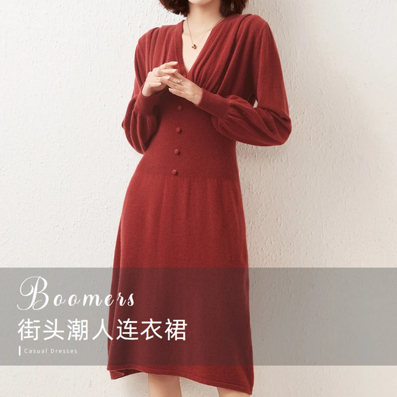 

Fashion Designer 2021 Autumn Wool Dress Women Red Black Dark Blue High Quality Lantern Sleeve Elegant Office Lady Dresses