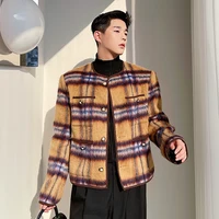 Autumn Winter Men Vintage Plaid Long-haired Woolen Collarless Coat Man Korean Fashion Streetwear Short Jacket Overcoat