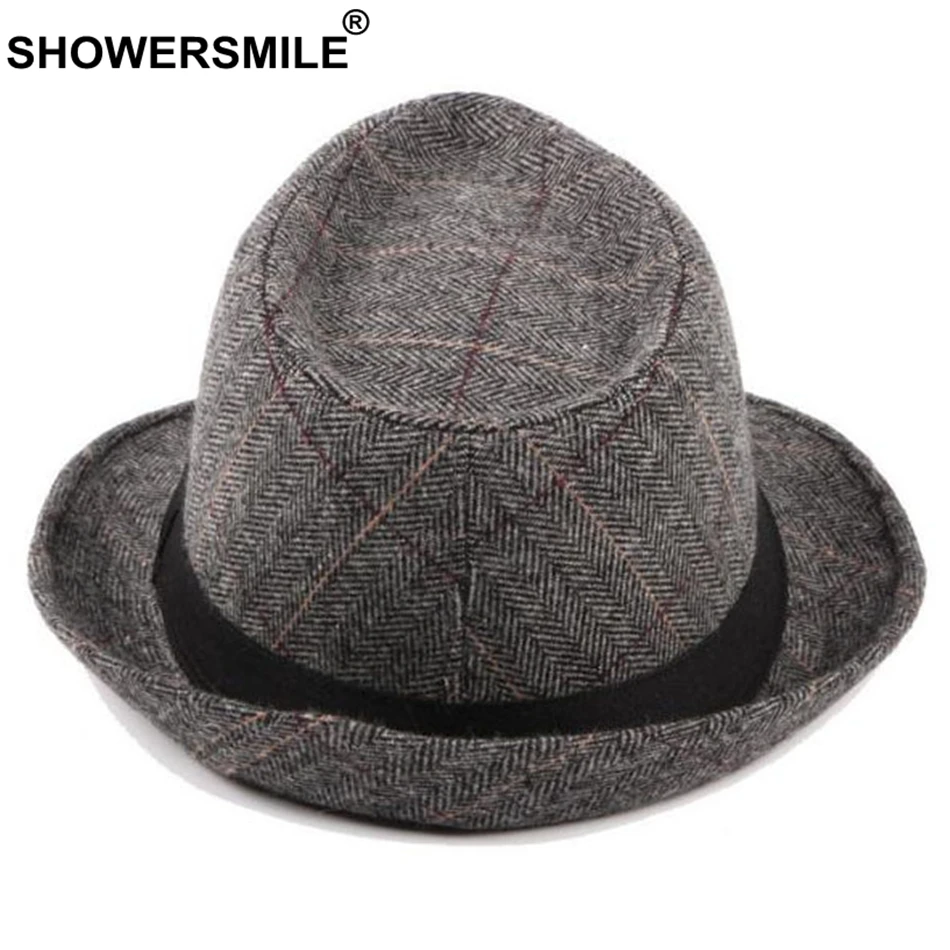 Серая клетчатая Федора SHOWERSMILE Мужская шерстяная твидовая Классическая джазовая