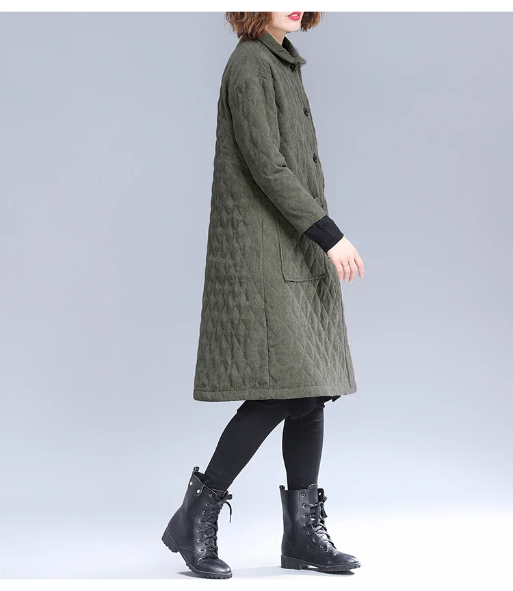 

Winter Literary Corduroy Cotton Coat Female Mid-Length Thick Fashion Corduroy Quilted Single-breasted Padded Clothing Women E323