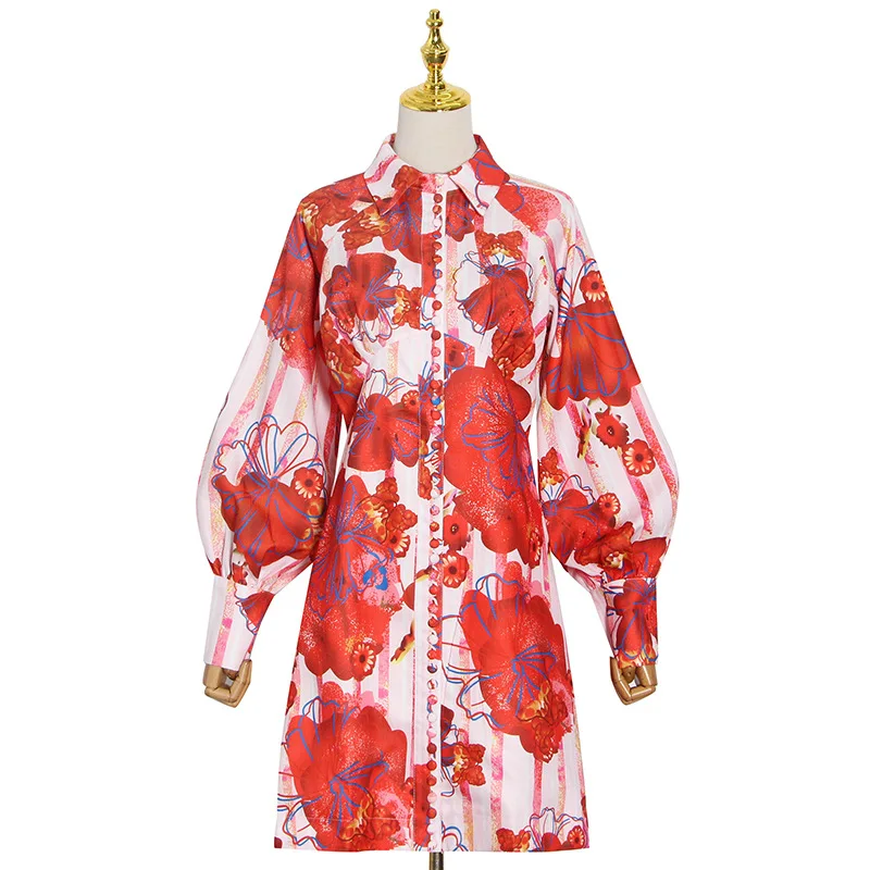 

New fashion temperament lapel lantern sleeve printed single-breasted design waist short dress