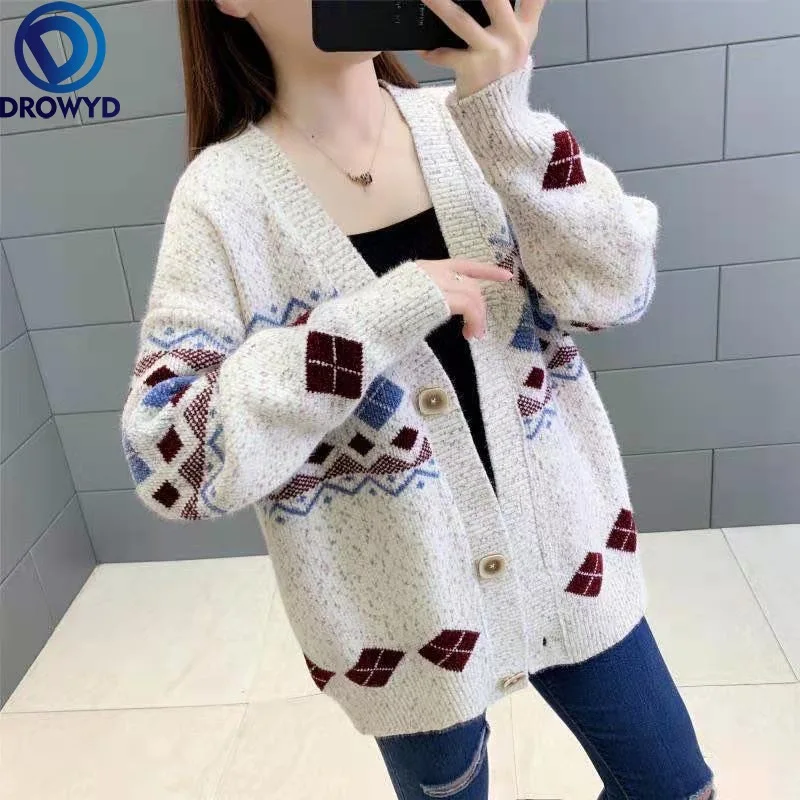 

Женский вязаный кардиган, розовый свитер свободного покроя с V-образным вырезом, в Корейском стиле, Осень-зима 2021