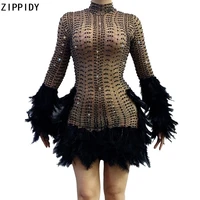 black rhinestone feather transparent short dress birthday celebrate prom mesh outfit women dancer singer bar dress