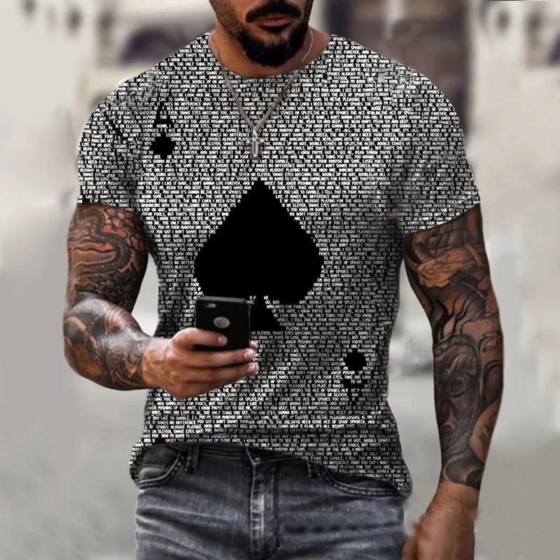 

2021 Artistic Spade Playing Card Letter Print Men's T-shirt Casual Men's Summer Casual Short Sleeve Pullover Oversized Tops